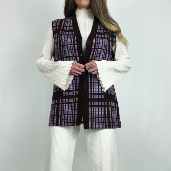 Vintage Pure Wool Gina Teresa Button-Front Plaid Knit Vest in Purple & Brown | L - Picture 5 of 10
